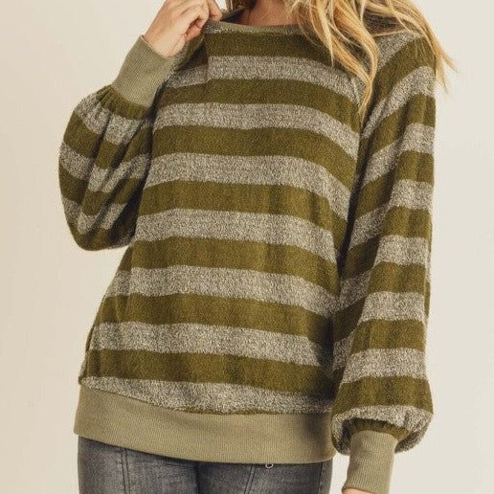Doe & Rae Olive Green Shade On Shade Striped Pullover Sweater‎ Size L